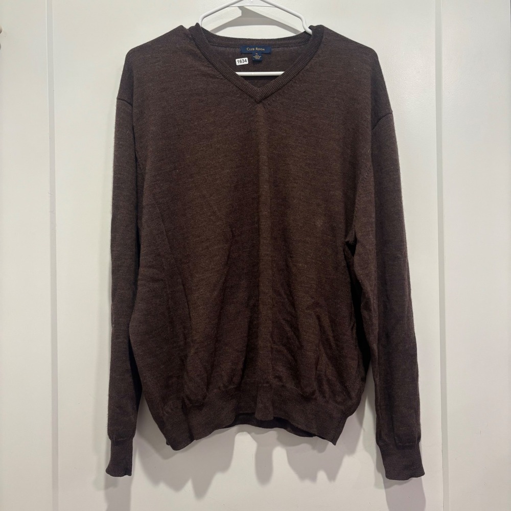 Club Room‎ Mens XL Brown 100% Merino Wool V-Neck Long Sleeve Knit Sweater
